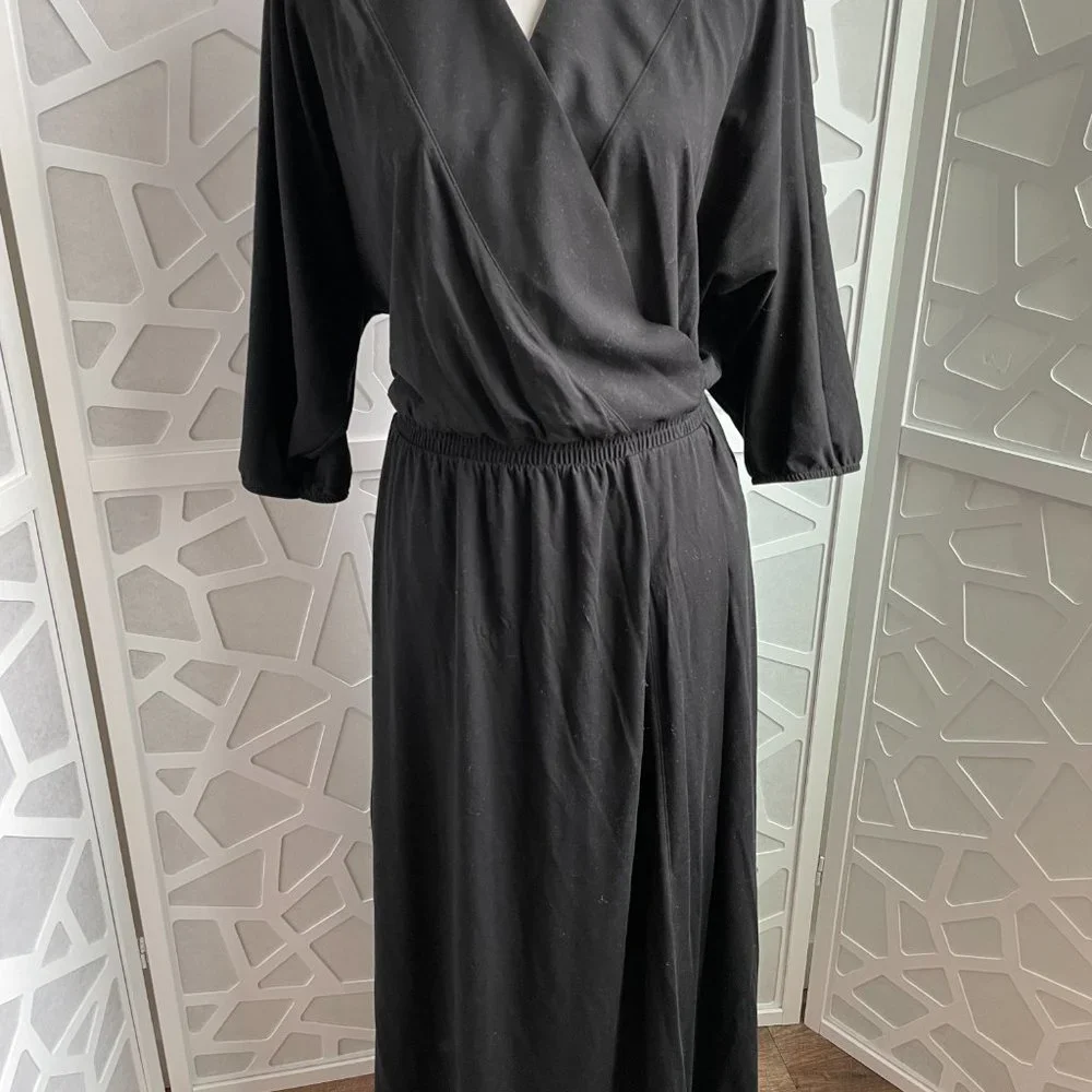 Garnet Hill Batwing Faux Wrap Knit Midi Dress Black Sz M Medium - Picture 3 of 12
